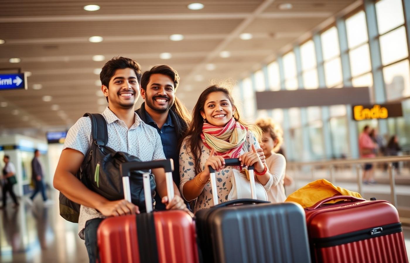 Happy family with luggage at airport